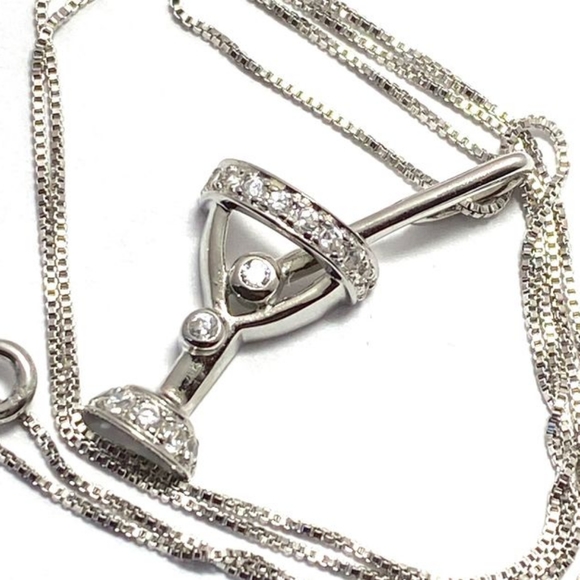 Solid 925 SS w/ Platinum Overlay Martini Necklace - Picture 3 of 10